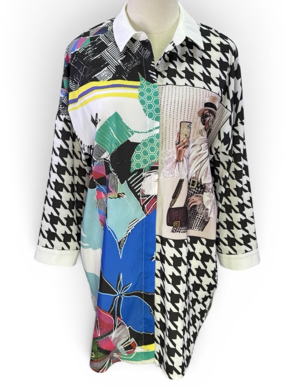 Tricotto Women's Houndstooth Fashion Graphic Print‎ Button Down Shirt Size S